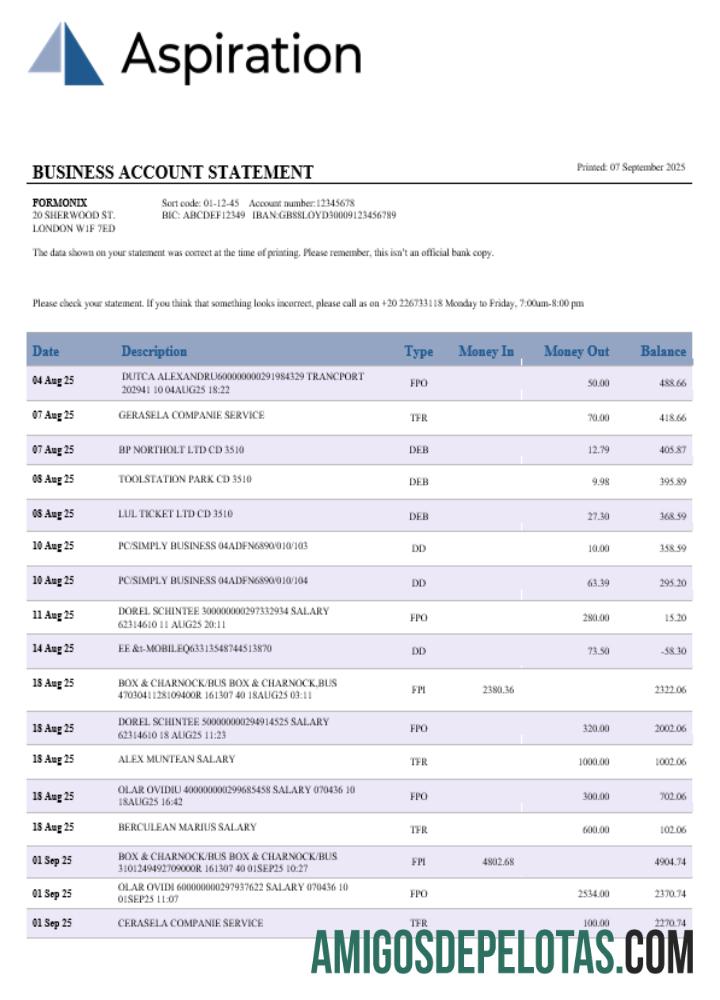 Em branco Aspiração Banco Business Account Statement Word And PDF model